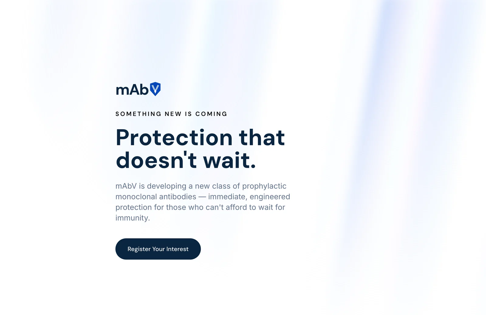 mAbV landing page — the 'Protection that doesn't wait' hero with a Register Your Interest call to action