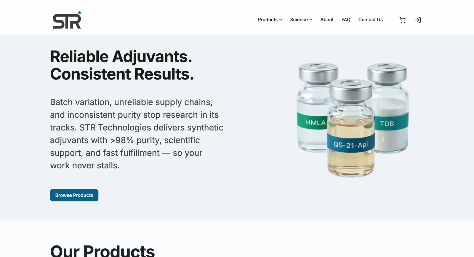 STR Technologies storefront — 'Reliable Adjuvants. Consistent Results.' hero with adjuvant products