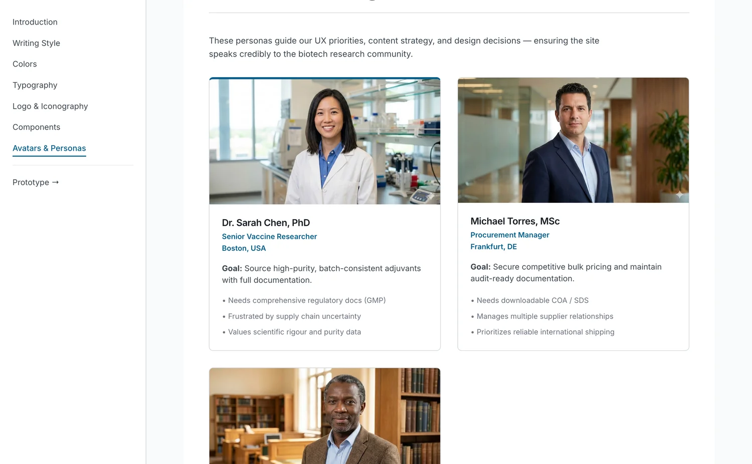 STR design system — customer avatars: a senior vaccine researcher and a procurement manager, with their goals and needs